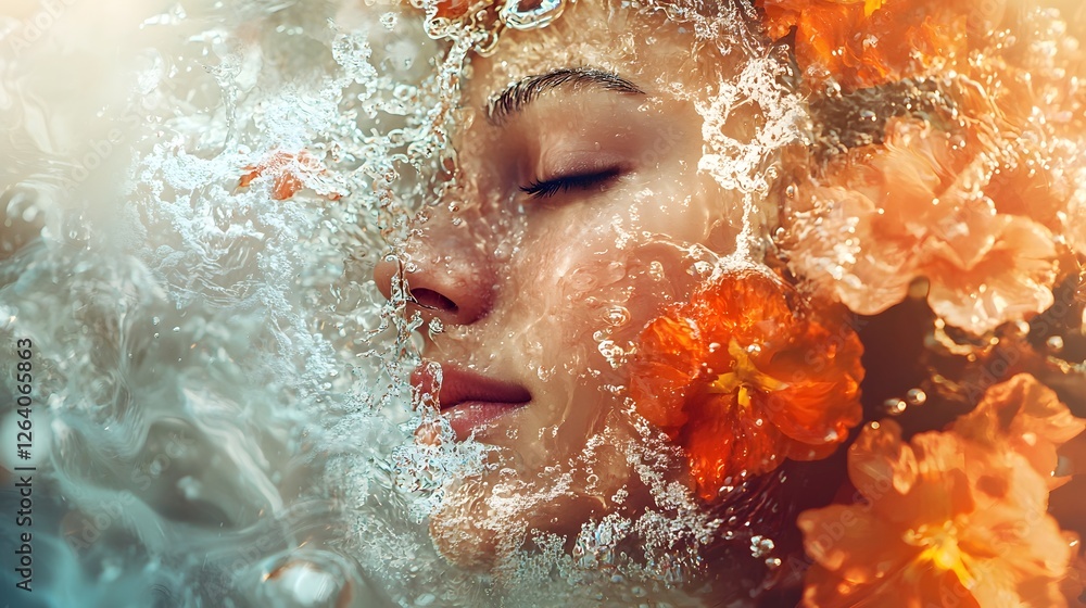 Fototapeta premium A captivating composition highlighting a woman s glowing radiant skin as she is surrounded by refreshing water sprays evoking a sense of brightness freshness and vitality