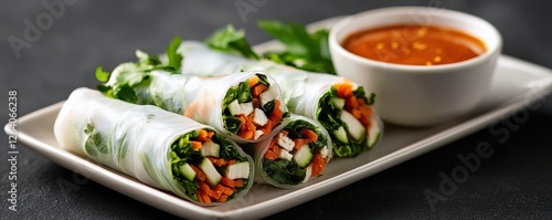 Fresh Vegetable Spring Rolls Served with Peanut Dipping Sauce on Plate  Healthy Asian inspired Appetizer or Snack Made with Rice Paper Wrapper Crisp Vegetables and Flavorful Sauce photo