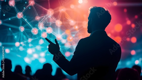 The CEO of a leading delivers a dynamic and visionary speech at a prestigious leadership innovation summit