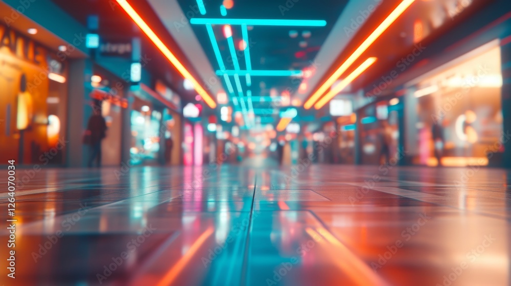 A modern shopping mall interior illuminated by vibrant neon lights, reflecting off the polished floor. A futuristic, cyberpunk-inspired setting with a sleek design. AI generated.