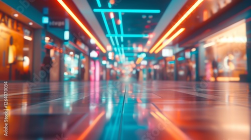 Obraz na płótnie A modern shopping mall interior illuminated by vibrant neon lights, reflecting off the polished floor. A futuristic, cyberpunk-inspired setting with a sleek design. AI generated. w salonie