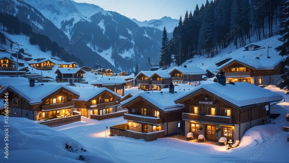 Fototapeta premium Snow covered alpine village with illuminated wooden chalets