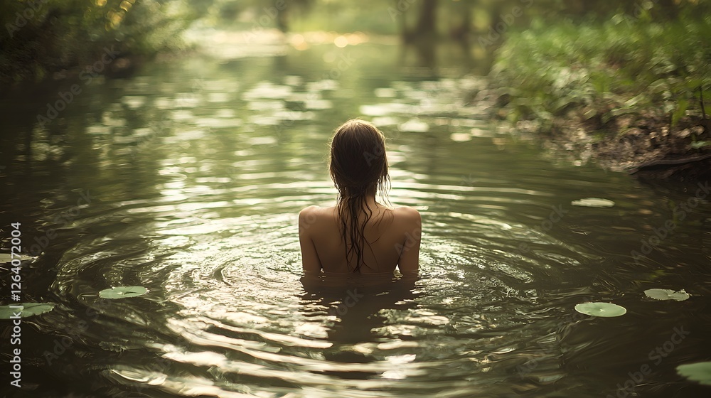A tranquil moment of a woman immersed in the reflective waters of a natural landscape surrounded by the softly lit ambiance that evokes feelings of brightness freshness and vitality A tranquil moment of a woman immersed in the reflective waters of a natural landscape surrounded by the softly lit ambiance that evokes feelings of brightness freshness and vitality