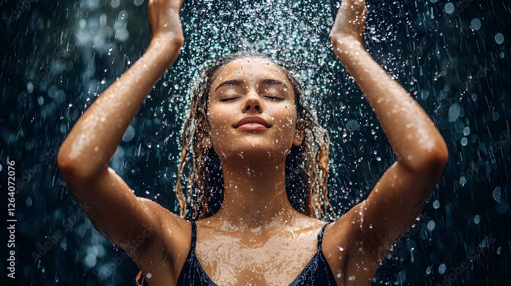 Obraz premium A vibrant and energy filled moment as a young woman celebrates the playful nature of water and her own vibrant vitality The image evokes feelings of brightness freshness