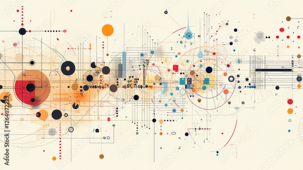 A visually dynamic abstract artwork featuring geometric shapes, lines, and dots in a futuristic composition. The design combines symmetry, structure, and vibrant color accents. AI generated.