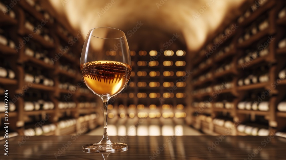 A luminous glass of golden white wine placed in a softly lit wine cellar, surrounded by shelves filled with fine bottles, evoking warmth and sophistication. AI generated.
