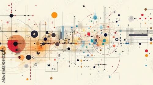 Obraz na płótnie A visually dynamic abstract artwork featuring geometric shapes, lines, and dots in a futuristic composition. The design combines symmetry, structure, and vibrant color accents. AI generated. w salonie