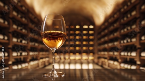 A luminous glass of golden white wine placed in a softly lit wine cellar, surrounded by shelves filled with fine bottles, evoking warmth and sophistication. AI generated.