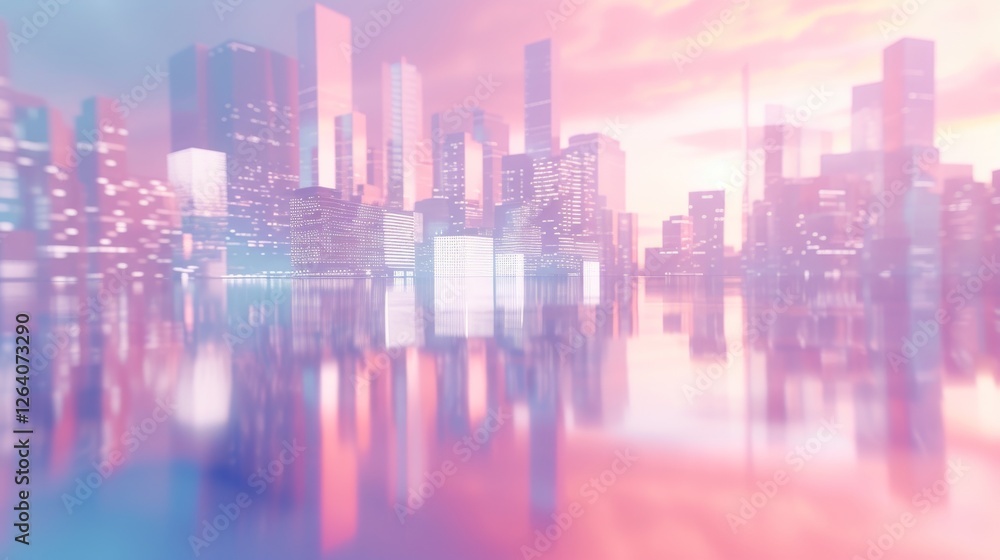 A soft-focus futuristic city skyline with neon-lit skyscrapers reflecting on water, blending pink and blue hues to create a dreamy and sci-fi-inspired urban landscape. AI generated.