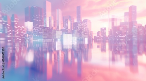 Obraz na płótnie A soft-focus futuristic city skyline with neon-lit skyscrapers reflecting on water, blending pink and blue hues to create a dreamy and sci-fi-inspired urban landscape. AI generated. w salonie