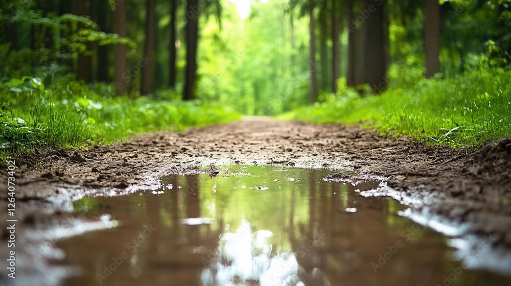 Forest path puddle reflection, nature walk Forest path puddle reflection, nature walk