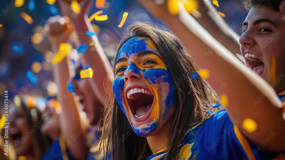 A closeup of fans captured midcheer faces painted and hands raised in exhilaration with colorful confetti falling around them. The energy in their expressions conveys the thrill of A closeup of fans captured midcheer faces painted and hands raised in exhilaration with colorful confetti falling around them. The energy in their expressions conveys the thrill of