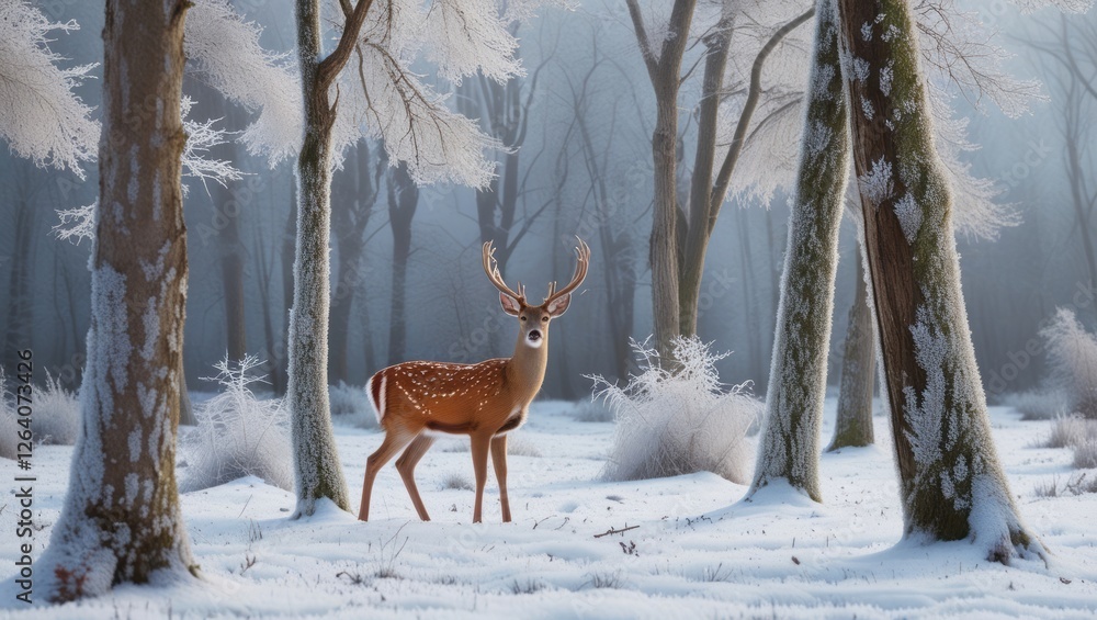 Fototapeta premium Deer stands alert in a snowy forest wonderland