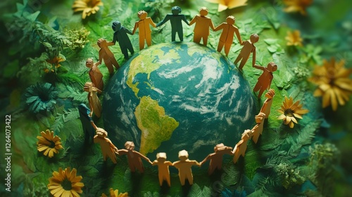 Fototapeta Naklejka Na Ścianę i Meble -  A circular arrangement of paper figures surrounds a globe, set against a backdrop of lush green leaves, symbolizing unity and environmental awareness.