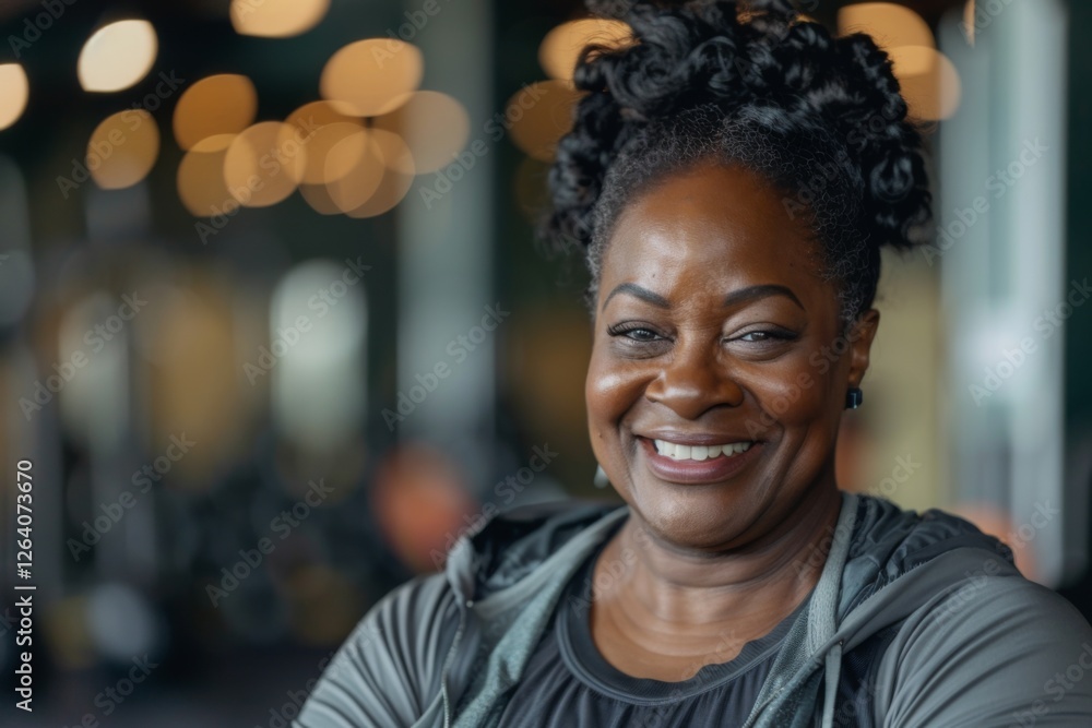 Smiling portrait of a middle aged slightly overweight woman in gym Smiling portrait of a middle aged slightly overweight woman in gym