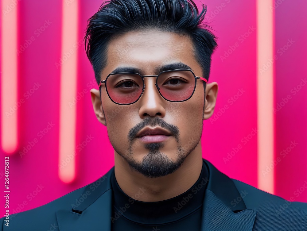 Fototapeta premium A man in a suit and glasses standing in front of a neon sign