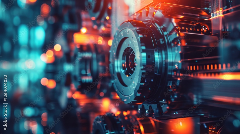 A highly detailed and futuristic close-up of interlocking mechanical gears, illuminated by a cyberpunk-style glow, representing advanced engineering. AI generated.