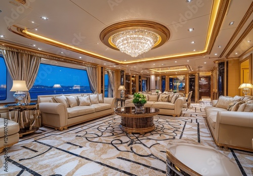 Opulence and Serenity: A luxurious living room on a private yacht exudes extravagance and tranquility. Elegant furniture, rich fabrics. photo