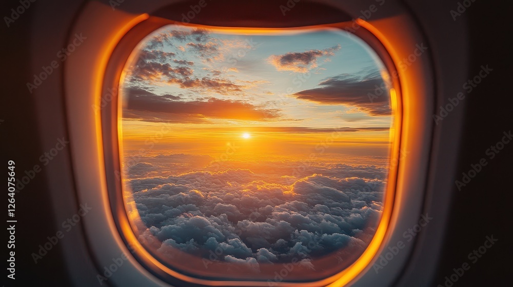 Breathtaking Sunset View from an Airplane Window with Stunning Cloudscape and Warm Colors at Dusk