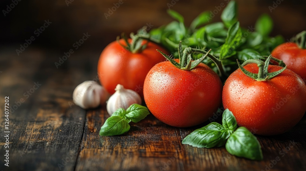 Fresh tomatoes and basil with garlic on a rustic wooden table, evoking a farm-to-table atmosphere