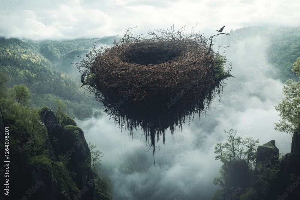 Giant Nest Suspended Above Misty Mountain Valley Giant Nest Suspended Above Misty Mountain Valley