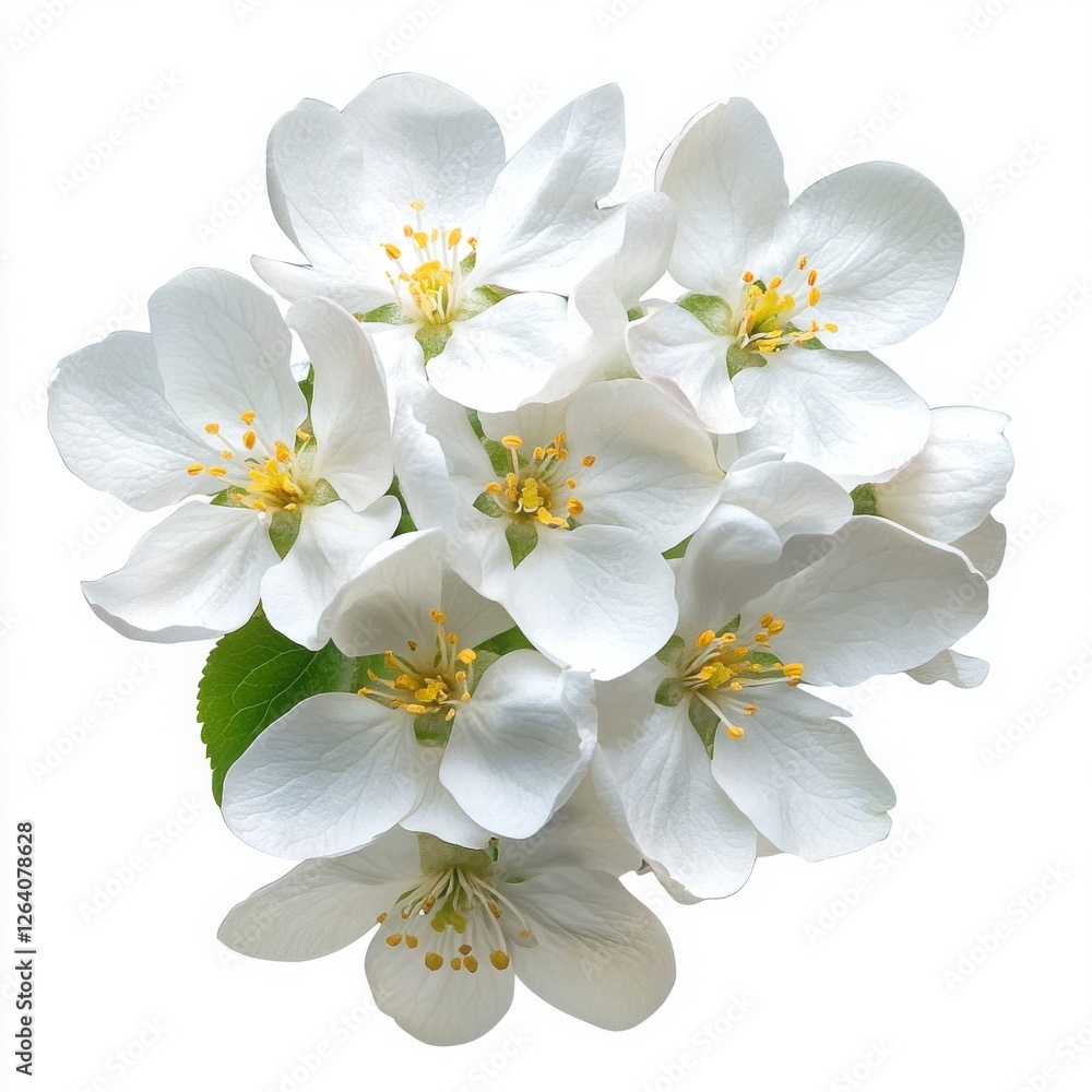 Fototapeta premium Apple Blossom Bouquet: Delicate cluster of pristine white apple blossoms, showcasing their intricate details and vibrant yellow centers, creating a serene and elegant springtime image. 
