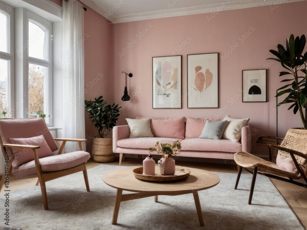 Fototapeta premium Elegant Pink Living Room Decor With Modern Furniture