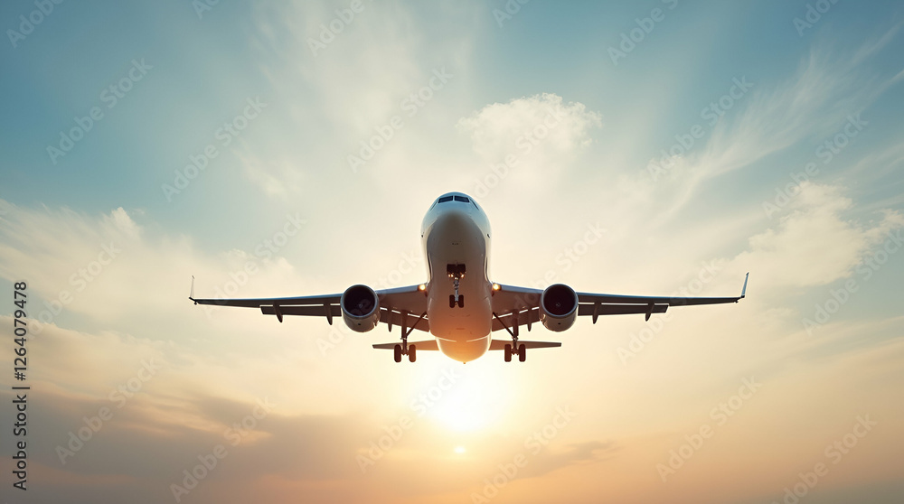 Front View of an Airplane Flying Against a Bright Sky at Sunset Front View of an Airplane Flying Against a Bright Sky at Sunset