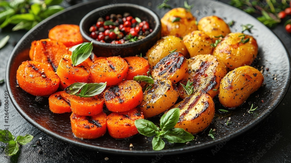 Grilled vegetables on a black plate, showcasing vibrant carrots and potatoes with herbs Grilled vegetables on a black plate, showcasing vibrant carrots and potatoes with herbs