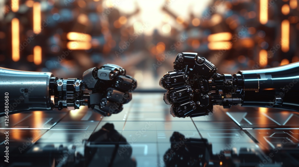 Two advanced robotic hands fist-bumping in a futuristic high-tech setting, symbolizing AI collaboration, teamwork, and the rise of robotics in modern industry. AI generated.