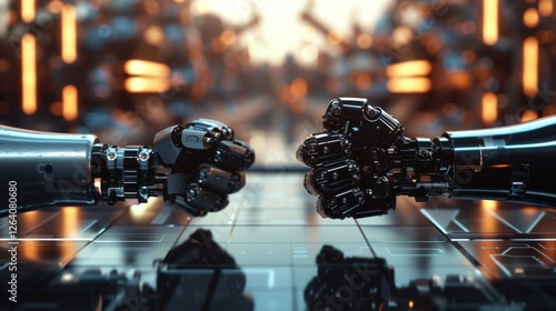 Obraz na płótnie Two advanced robotic hands fist-bumping in a futuristic high-tech setting, symbolizing AI collaboration, teamwork, and the rise of robotics in modern industry. AI generated. w salonie