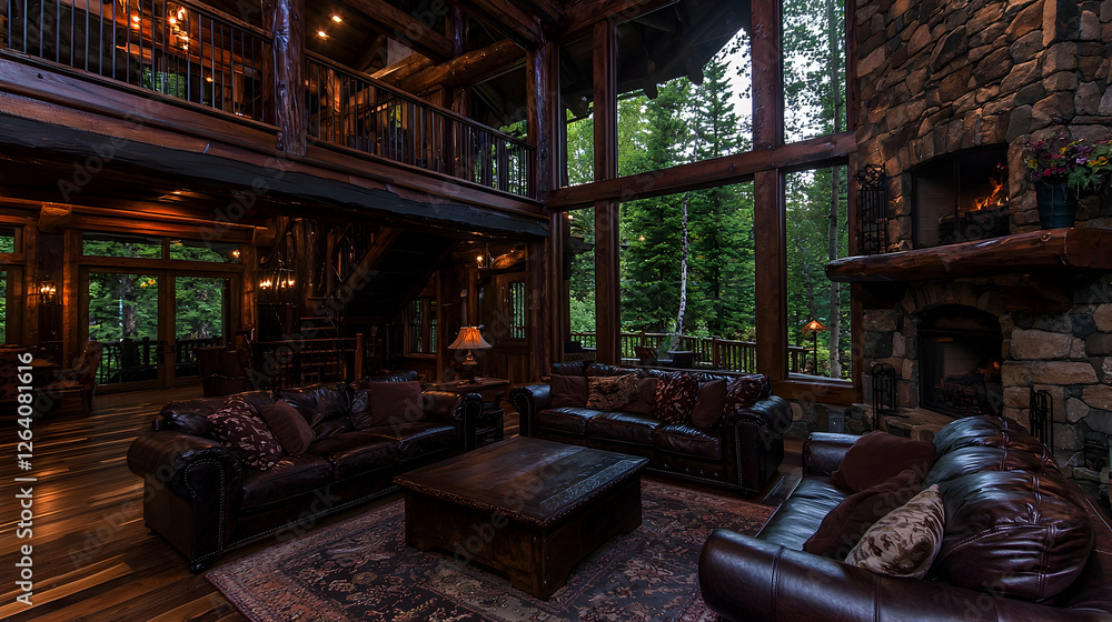 Naklejka premium Luxurious log cabin living room, forest view