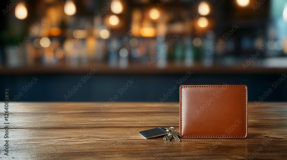 Stylish Brown Leather Wallet with Keys on a Wooden Table Against Blurred Background Stylish Brown Leather Wallet with Keys on a Wooden Table Against Blurred Background