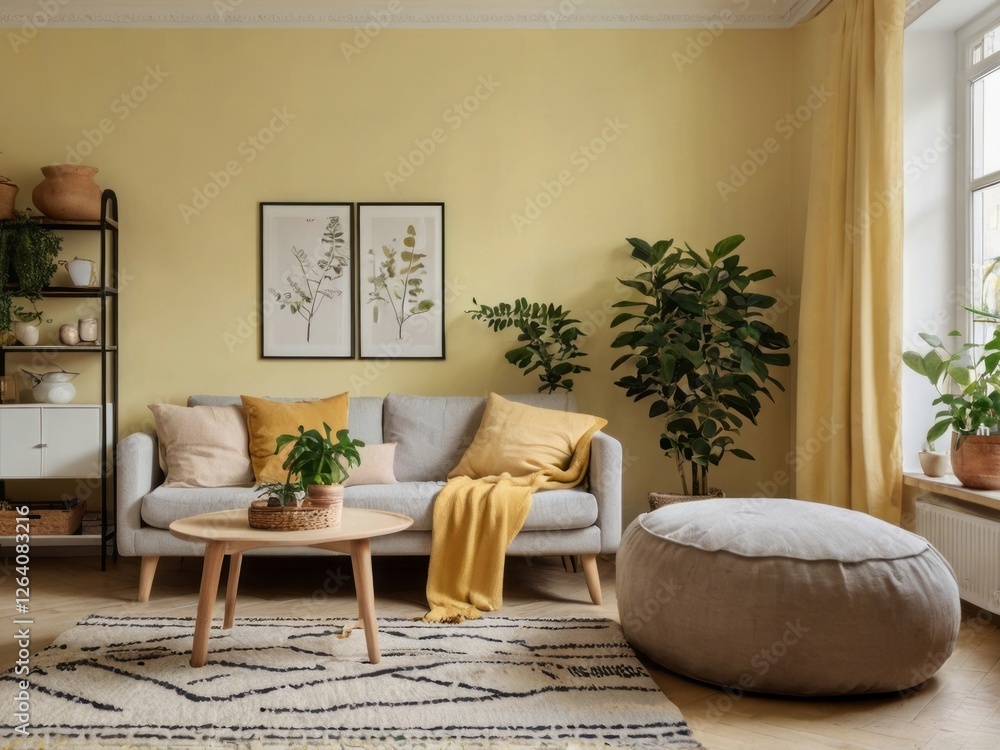 Obraz premium Modern Living Room Decor With Yellow Walls and Plants