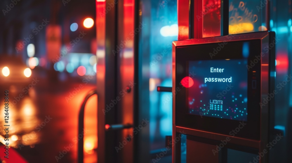 A futuristic access control panel glowing in neon colors, prompting for password authentication, emphasizing cybersecurity and secure entry systems. AI generated.
