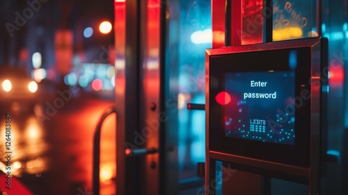 Obraz na płótnie A futuristic access control panel glowing in neon colors, prompting for password authentication, emphasizing cybersecurity and secure entry systems. AI generated. w salonie