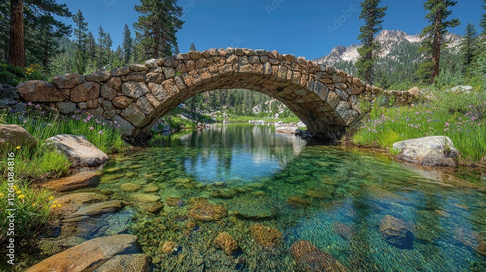 Scenic view of a stone bridge over a clear river surrounded by lush greenery and mountains Scenic view of a stone bridge over a clear river surrounded by lush greenery and mountains
