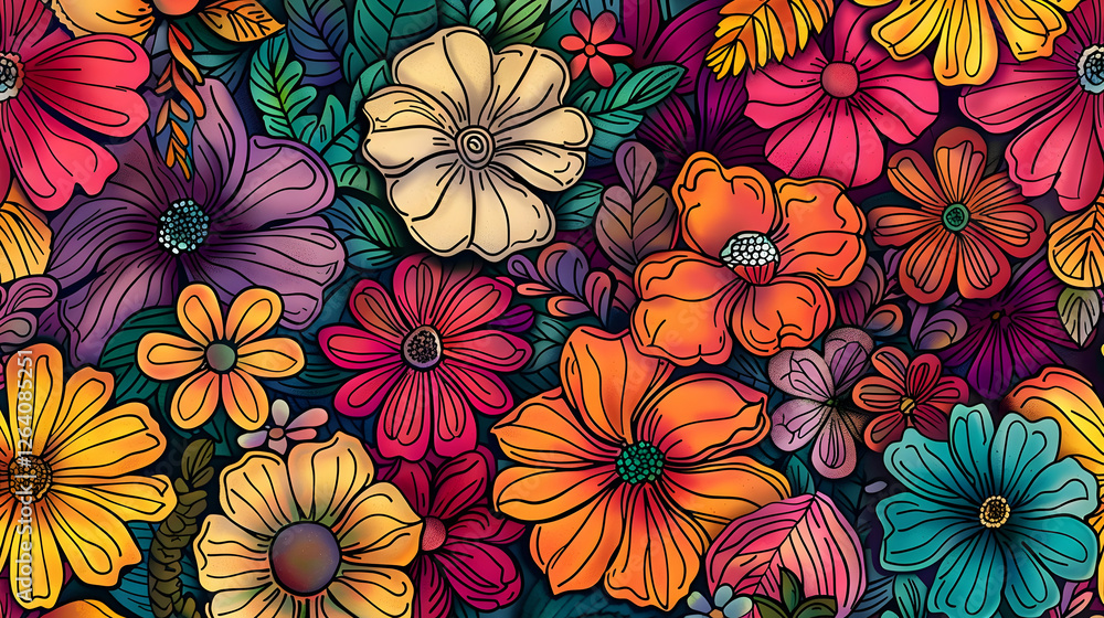 custom made wallpaper toronto digitalVibrant floral pattern featuring a variety of colorful flowers on a dark background, ideal for design
