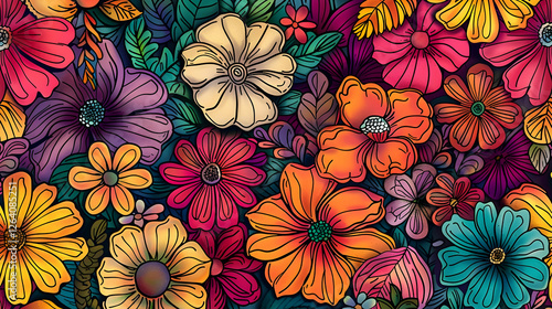Wallpaper Mural Vibrant floral pattern featuring a variety of colorful flowers on a dark background, ideal for design Torontodigital.ca