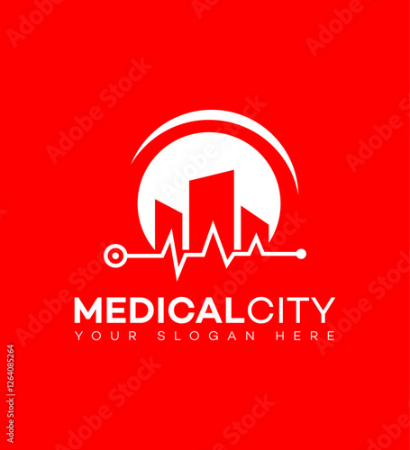 Medical City Logo Healthcare, Buildings, Heartbeat, Red, White, Cityscape, Pulse, Modern, Design