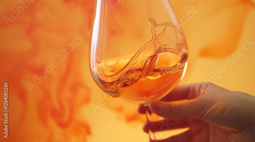 A close-up of a wine glass with an amber-hued liquid swirling inside, set against a warm orange backdrop. The rich tones and fluid motion create a luxurious atmosphere. AI generated.