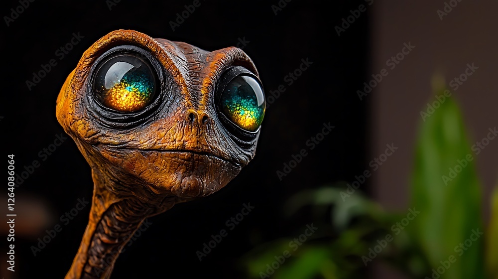 Close-up of a whimsical alien character with large, colorful eyes against a blurred background Close-up of a whimsical alien character with large, colorful eyes against a blurred background