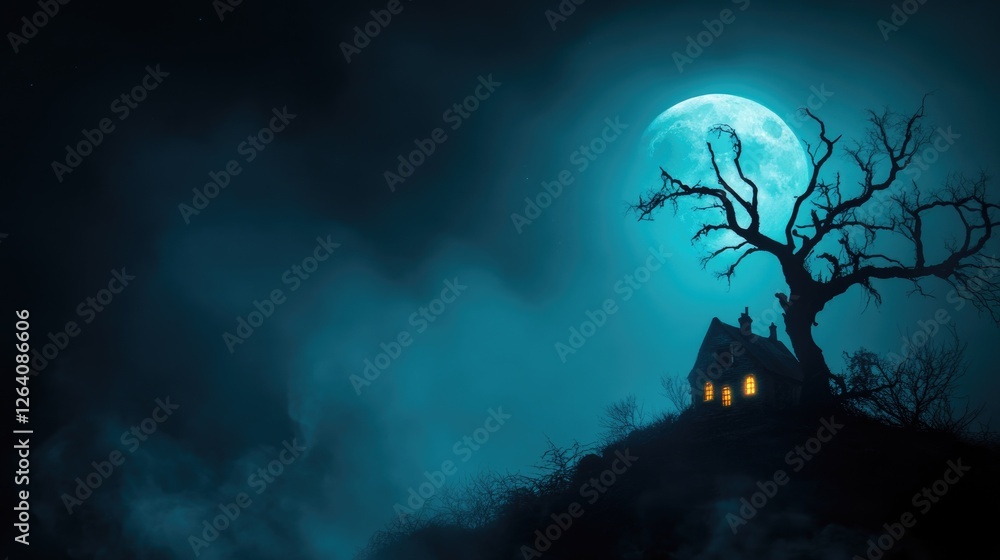 A haunting landscape featuring a dark house illuminated by spooky moonlight. A haunting landscape featuring a dark house illuminated by spooky moonlight.