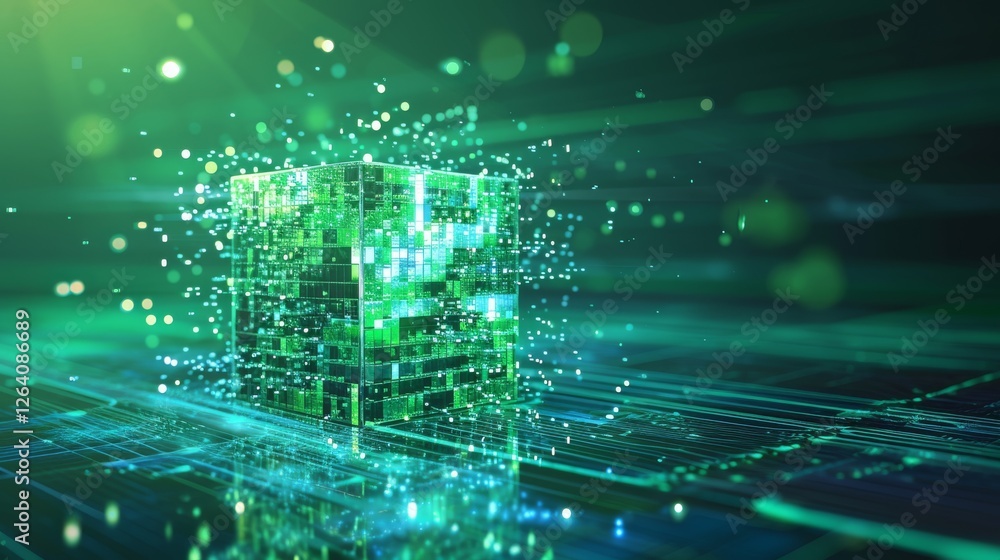 A high-tech 3D-rendered digital cube with glowing green circuits and data streams, symbolizing artificial intelligence, blockchain, and futuristic computing. AI generated.