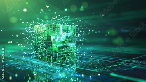 Obraz na płótnie A high-tech 3D-rendered digital cube with glowing green circuits and data streams, symbolizing artificial intelligence, blockchain, and futuristic computing. AI generated. w salonie