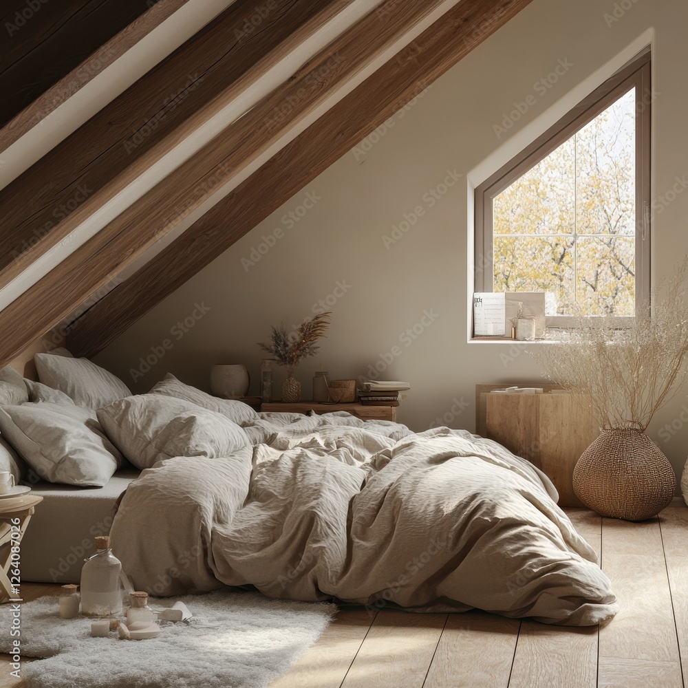 Fototapeta premium Bright cozy attic bedroom with wooden beams and decor