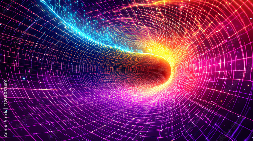 Fototapeta premium Abstract neon grid tunnel: psychedelic 3d warp space flight animation. Warped Reality Paintings. Illustration