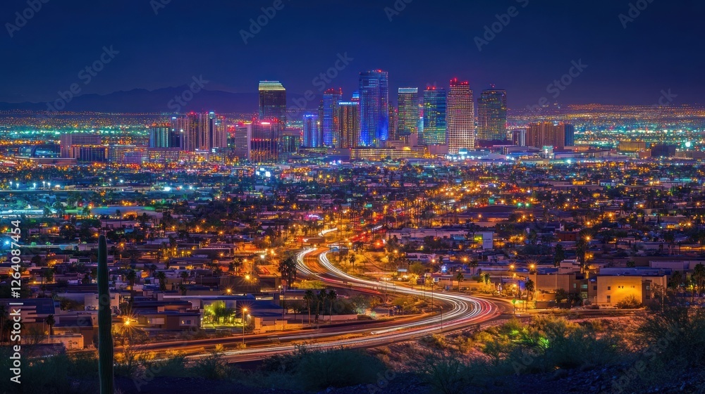 Fototapeta premium Night Cityscape Highway lights streak across desert residential area, showcasing illuminated downtown skyline, perfect for travel brochures