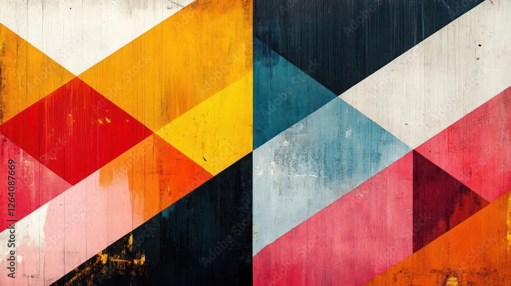 Fototapeta premium A colorful abstract geometric painting featuring triangles on a wooden panel.
