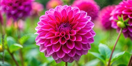 Close up of vibrant hot pink dahlia flower in a garden, botanical photography, floral arrangement